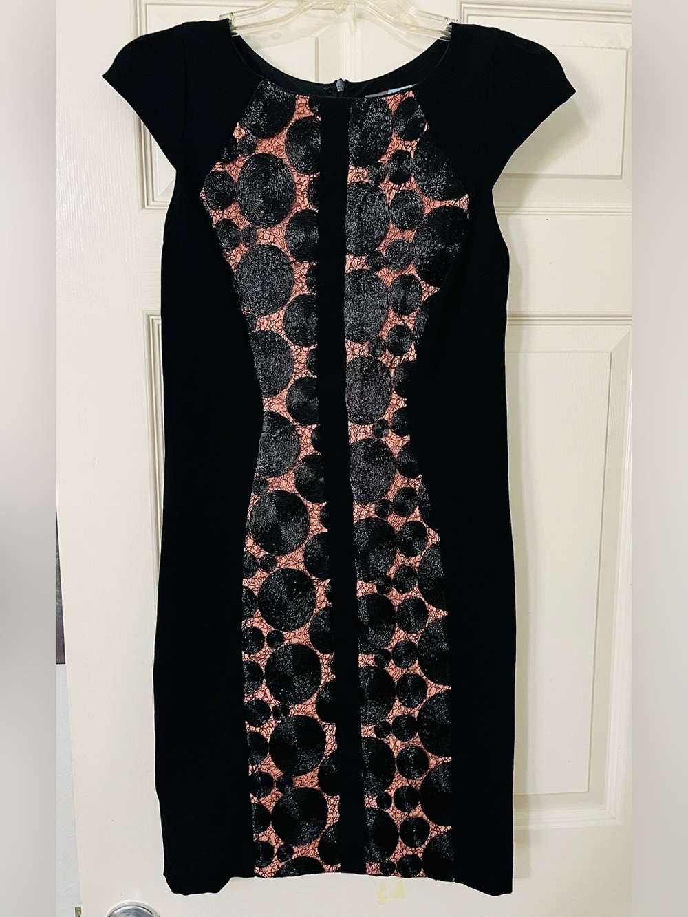 Eva Franco Metallic Polka Dot Textured Coils Sheath Dress in Black Cap Sleeves